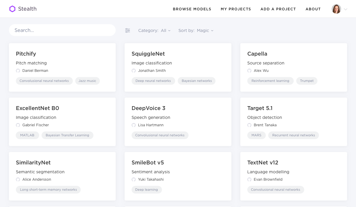 A mockup of the 'Browse models' page for this project, showing rows of different ML models to click on