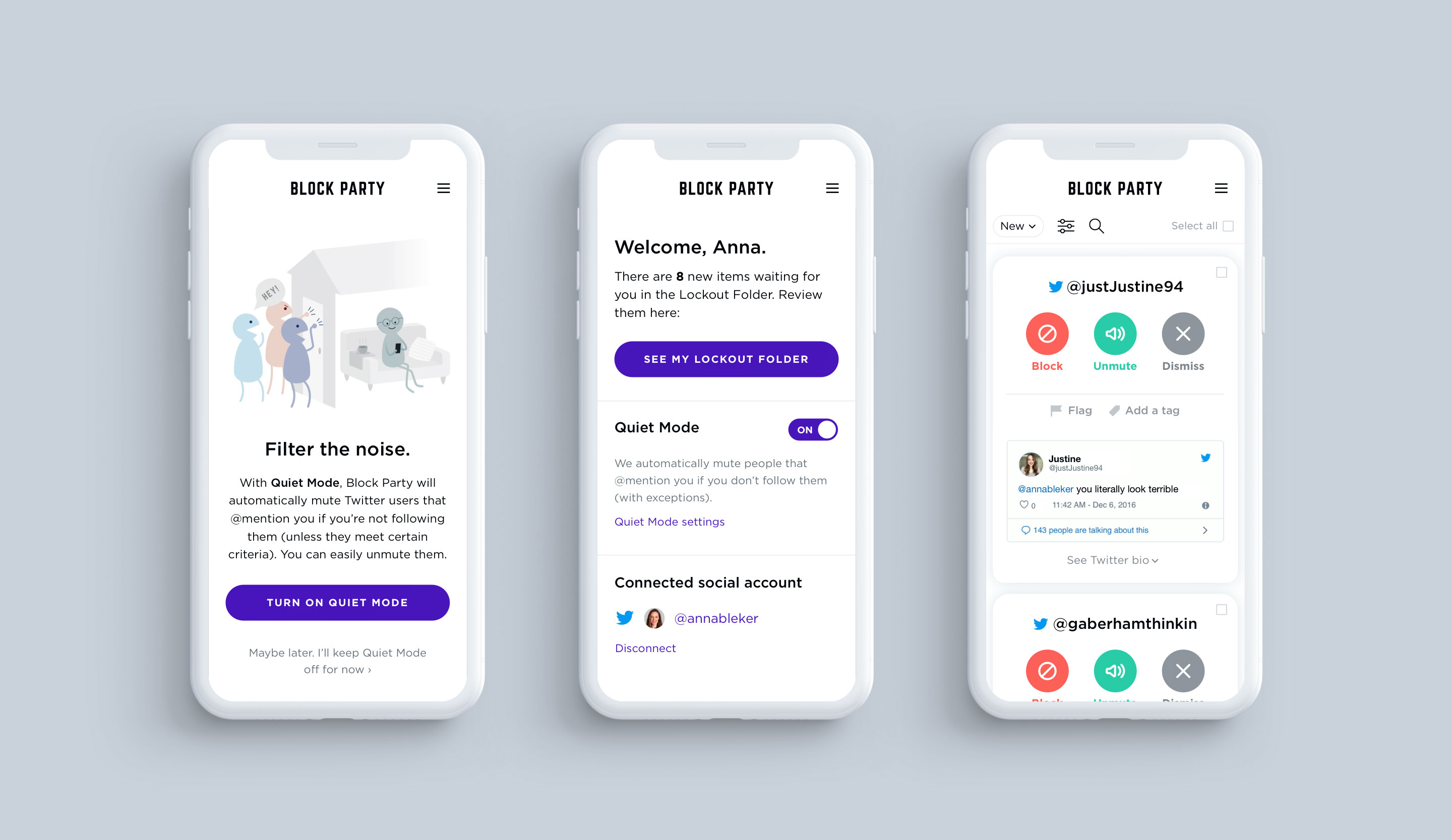A few screenshots of the Block Party mobile UI