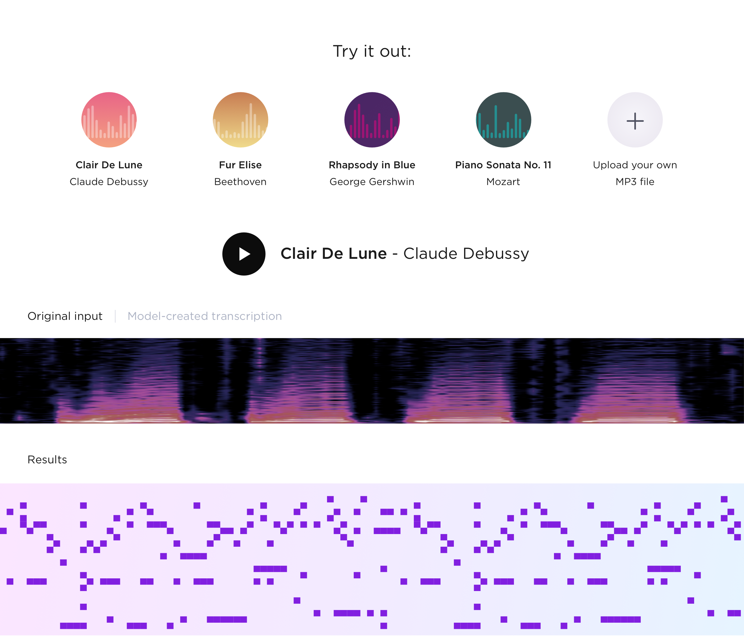 A section of a mockup for a pitch-tracking machine learning model, showing the music player and output graphs