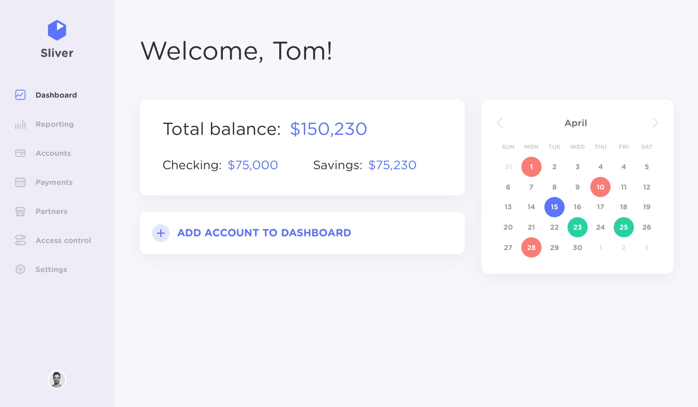 A mockup of the online bank showing the dashboard page (an alternate version)